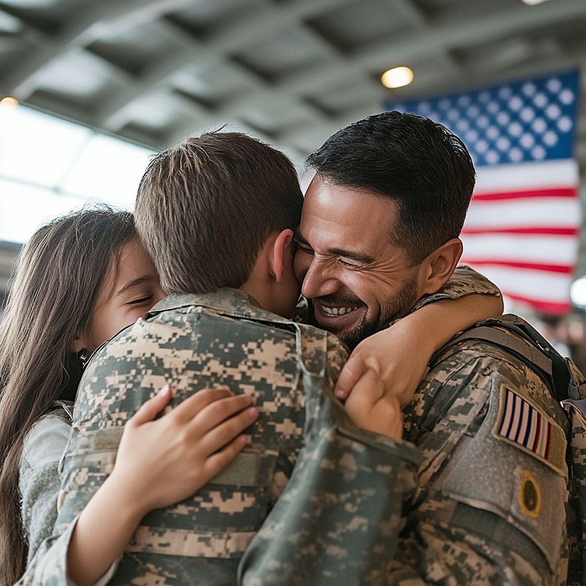A joyful military homecoming as a smiling soldier embraces his children in a heartfelt reunion, with the American flag waving proudly in the background.